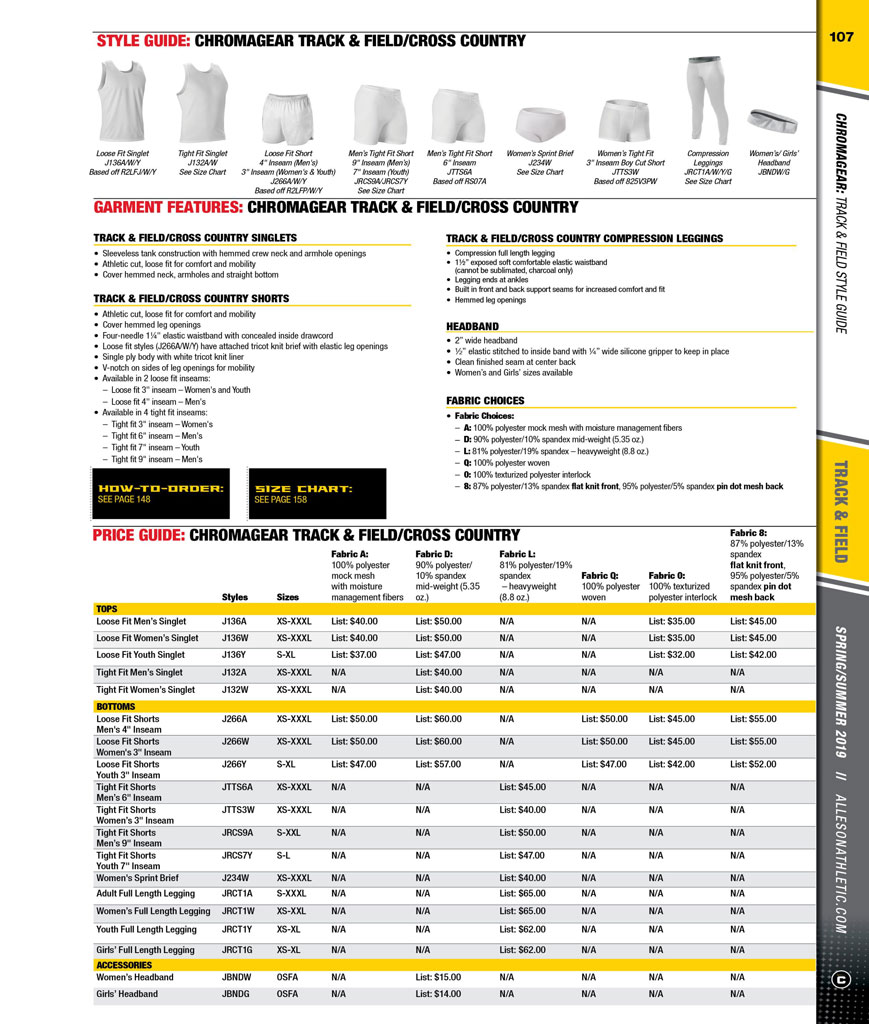 Alleson Pants Size Chart